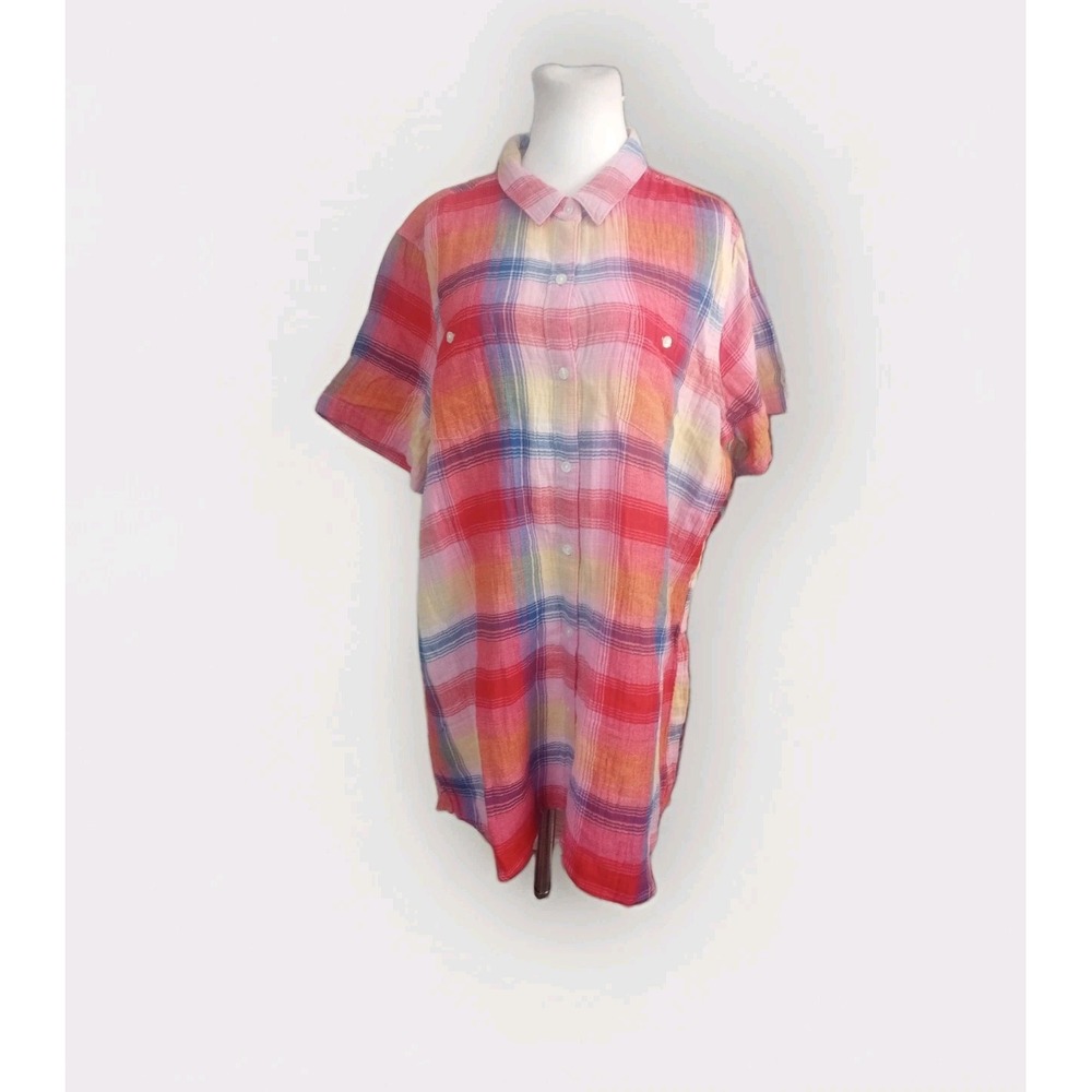 VERMONT COUNTRY STORE S colorful Plaid Oversize Button Shirt Muslin Cotton Gauzy